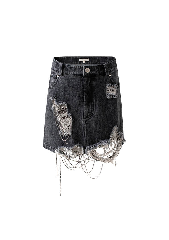 RIPPED DENIM SHORT SKIRT WITH CHAIN Markgong