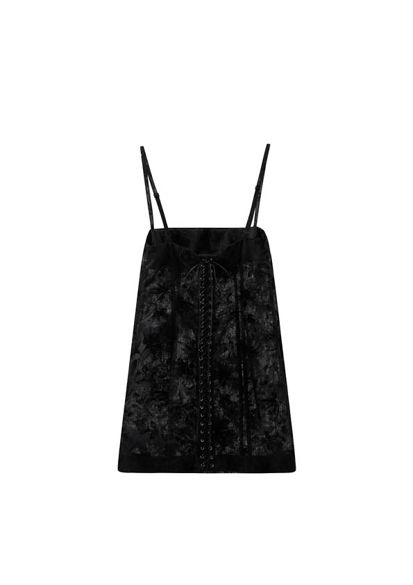 TIE-DOWN BLACK BURNT-VELVET STRAPPY DRESS | Markgong TIE-DOWN BLACK BURNT-VELVET STRAPPY DRESS | Markgong