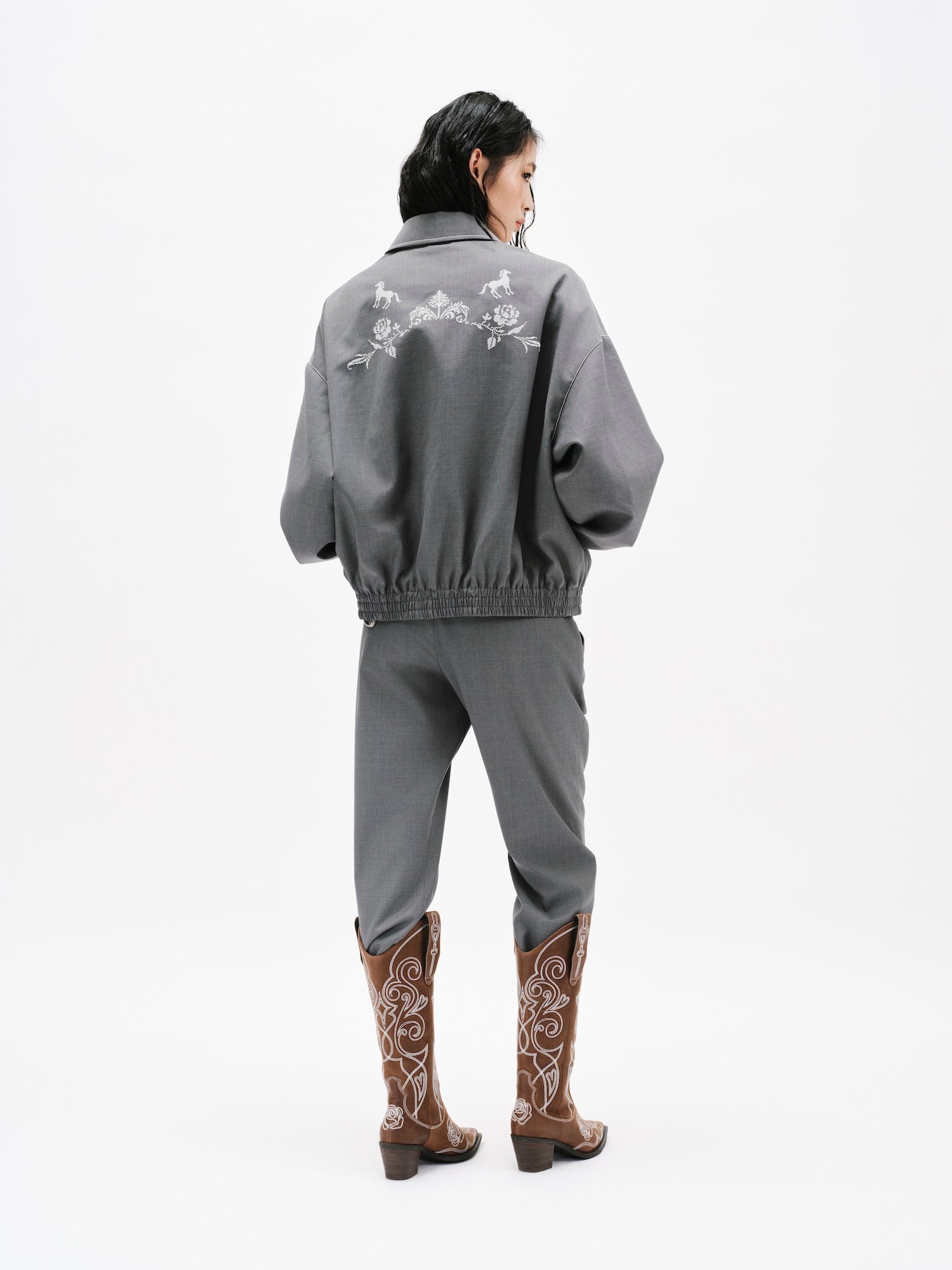 GREY CROSS STITCH EMBROIDERED BASEBALL JACKET