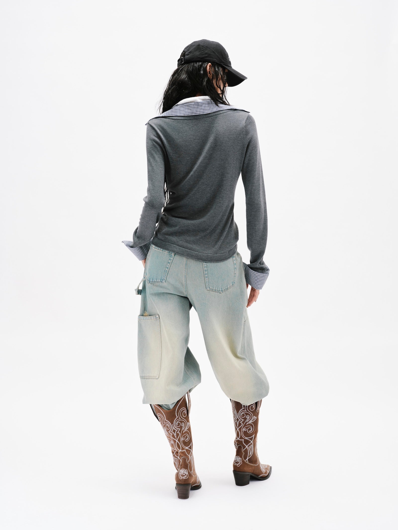 GREY LONG-SLEEVE KNIT TOP WITH MULTI-LAYER COLLAR