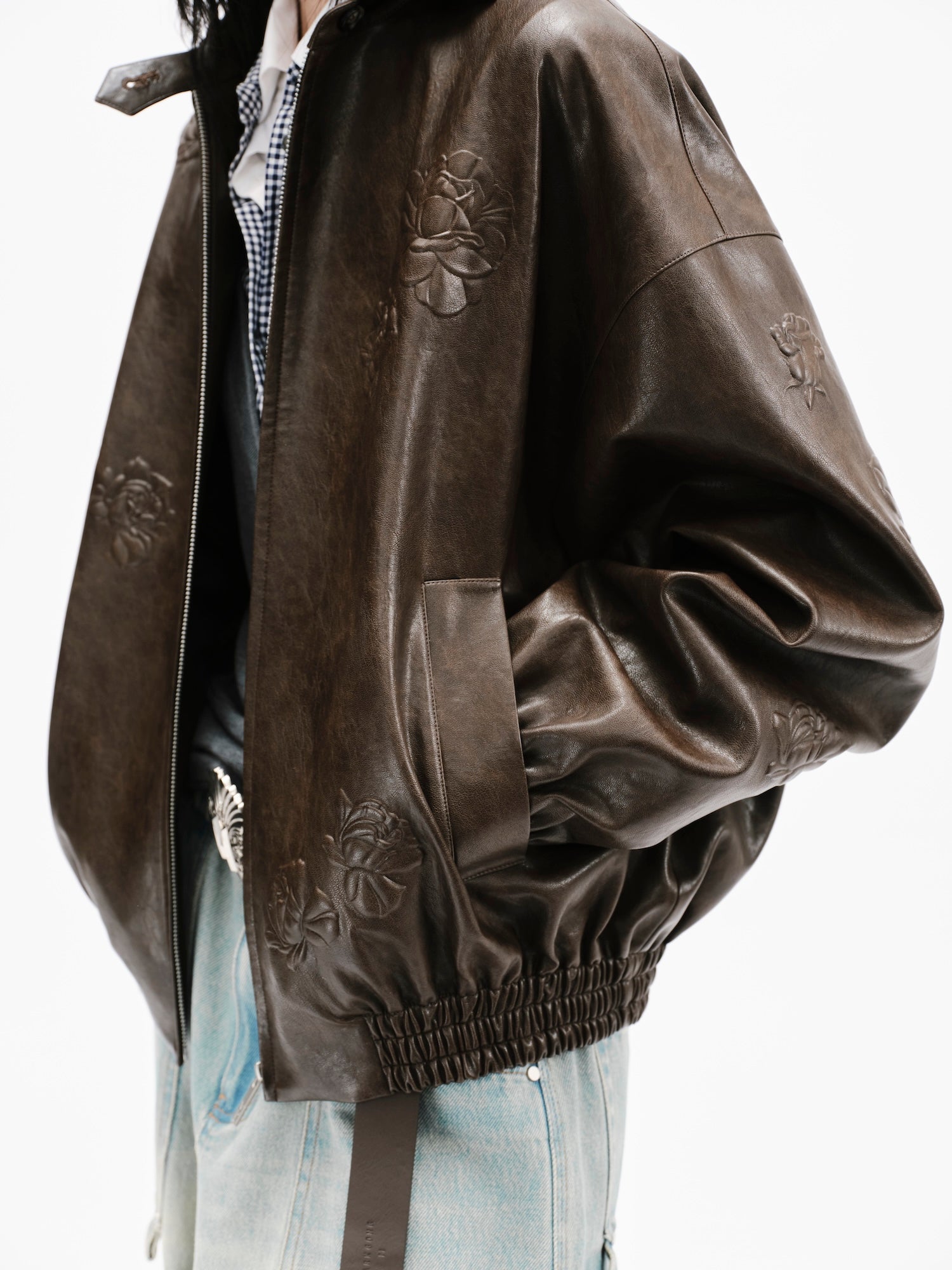 BROWN FAUX LEATHER FLORAL IMPRINTED BASEBALL JACKET