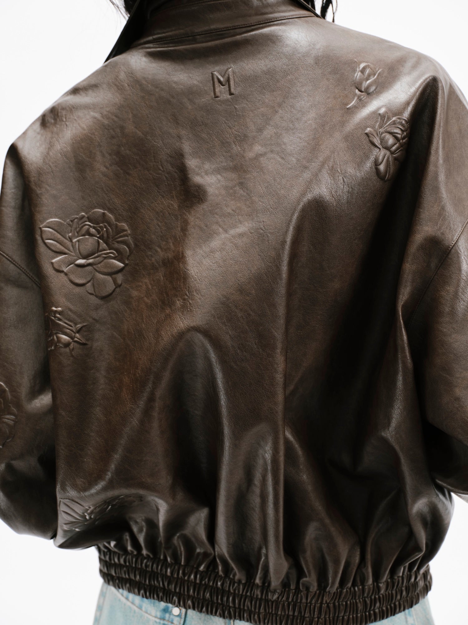 BROWN FAUX LEATHER FLORAL IMPRINTED BASEBALL JACKET