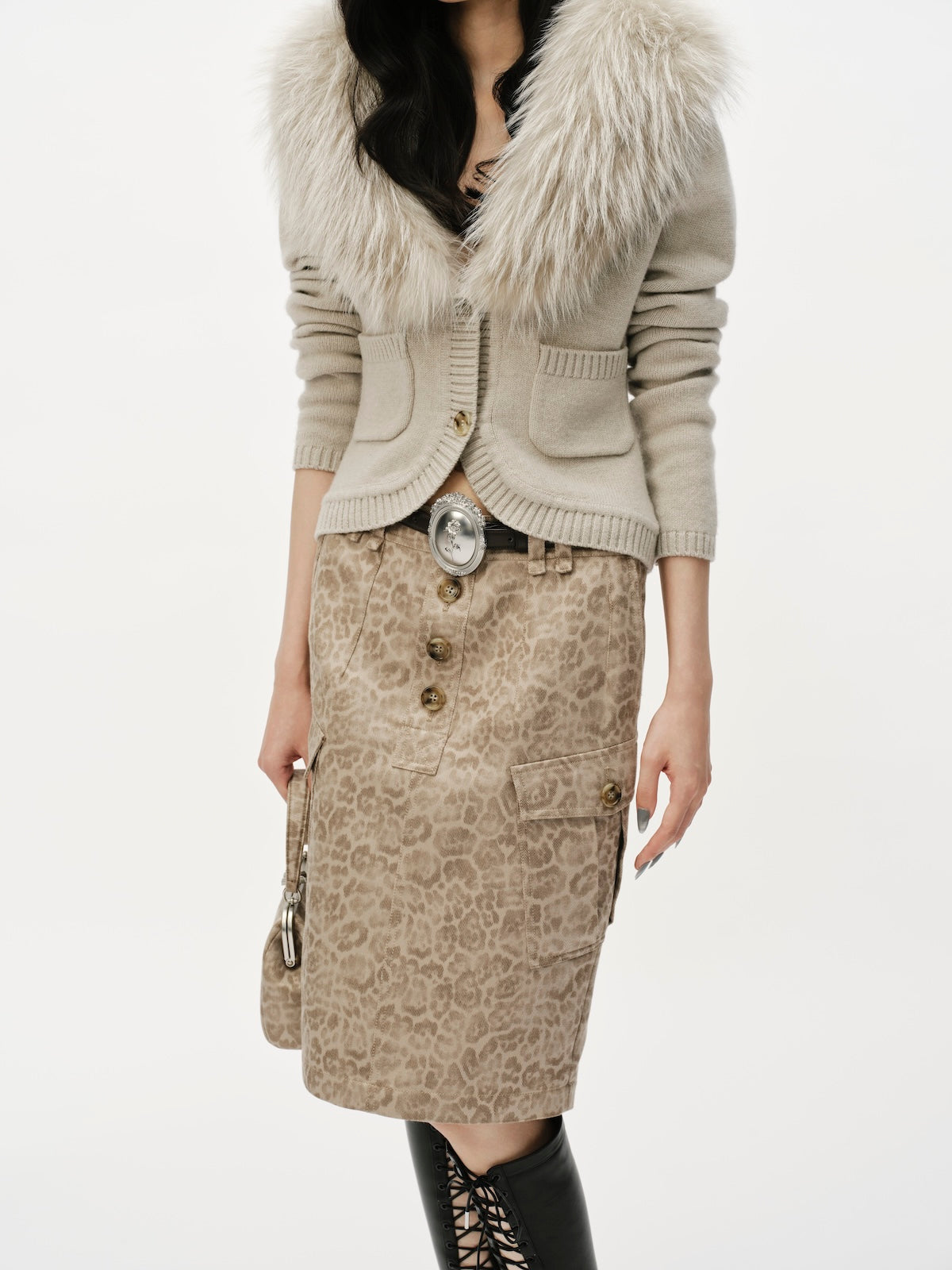 Leopoard Print Cargo Midi Skirt