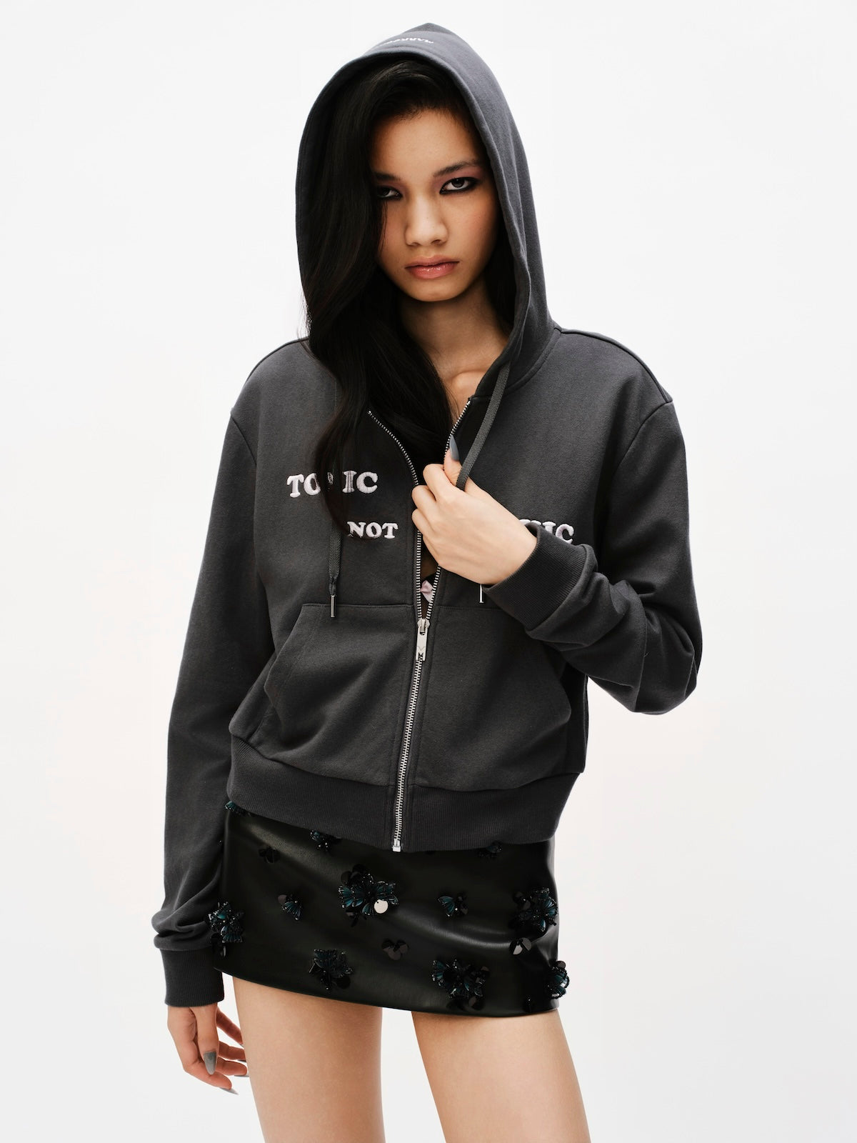 Dark Gray Letter Embroidered Zip-up Hoodie