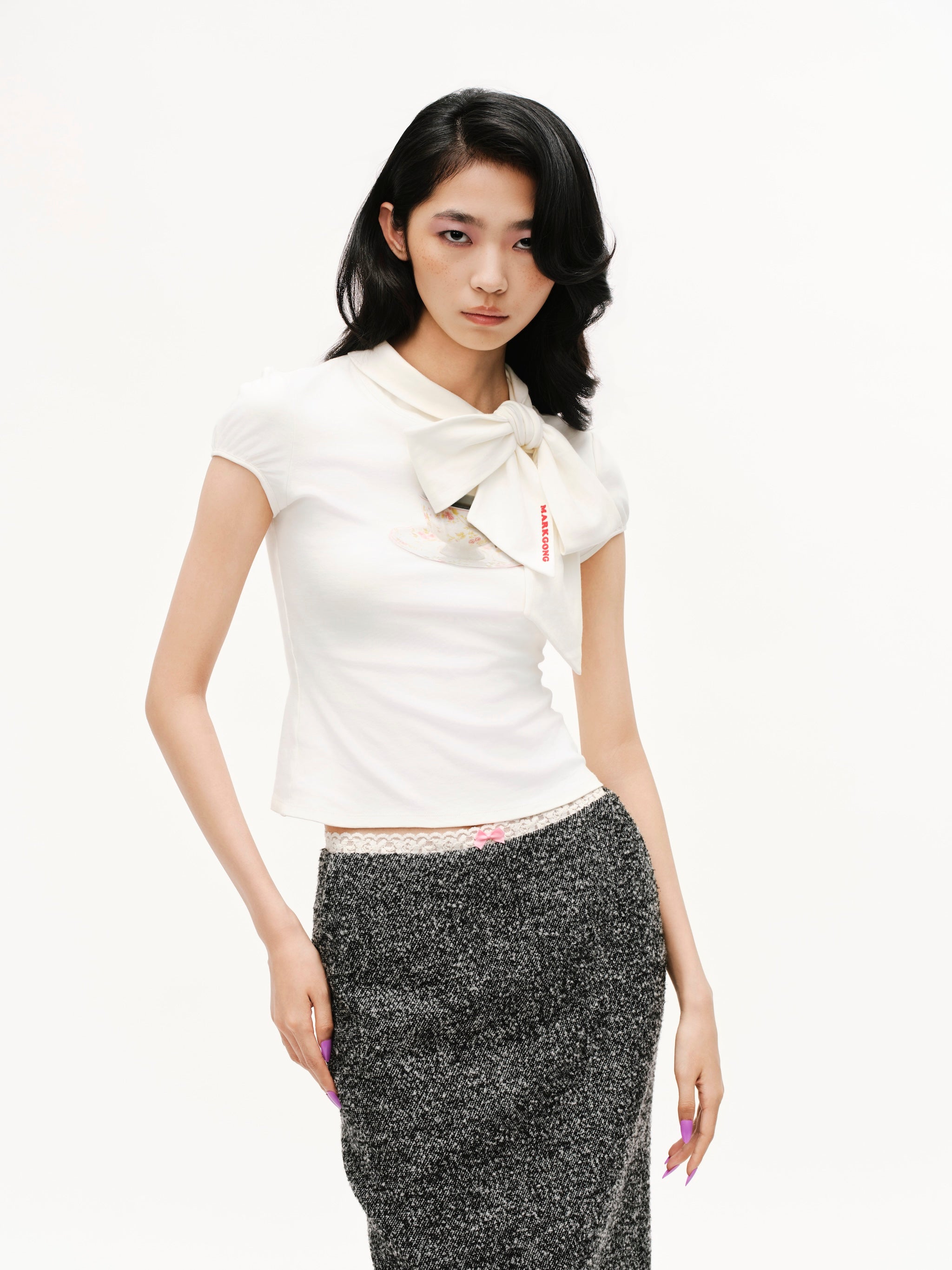 White Print Tie-Front Short Sleeve T-Shirt