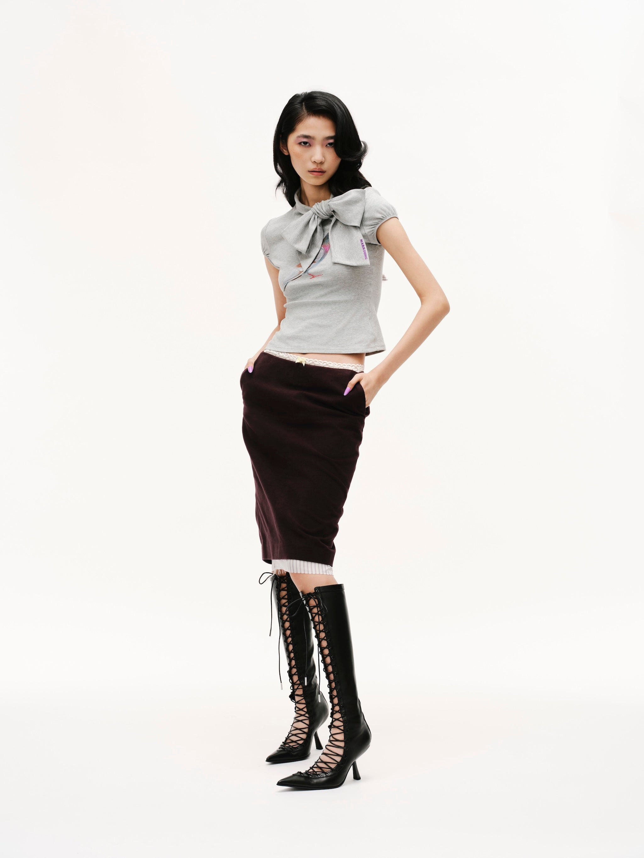 Grey Pigeon Print Tie-Front Short Sleeve T-Shirt