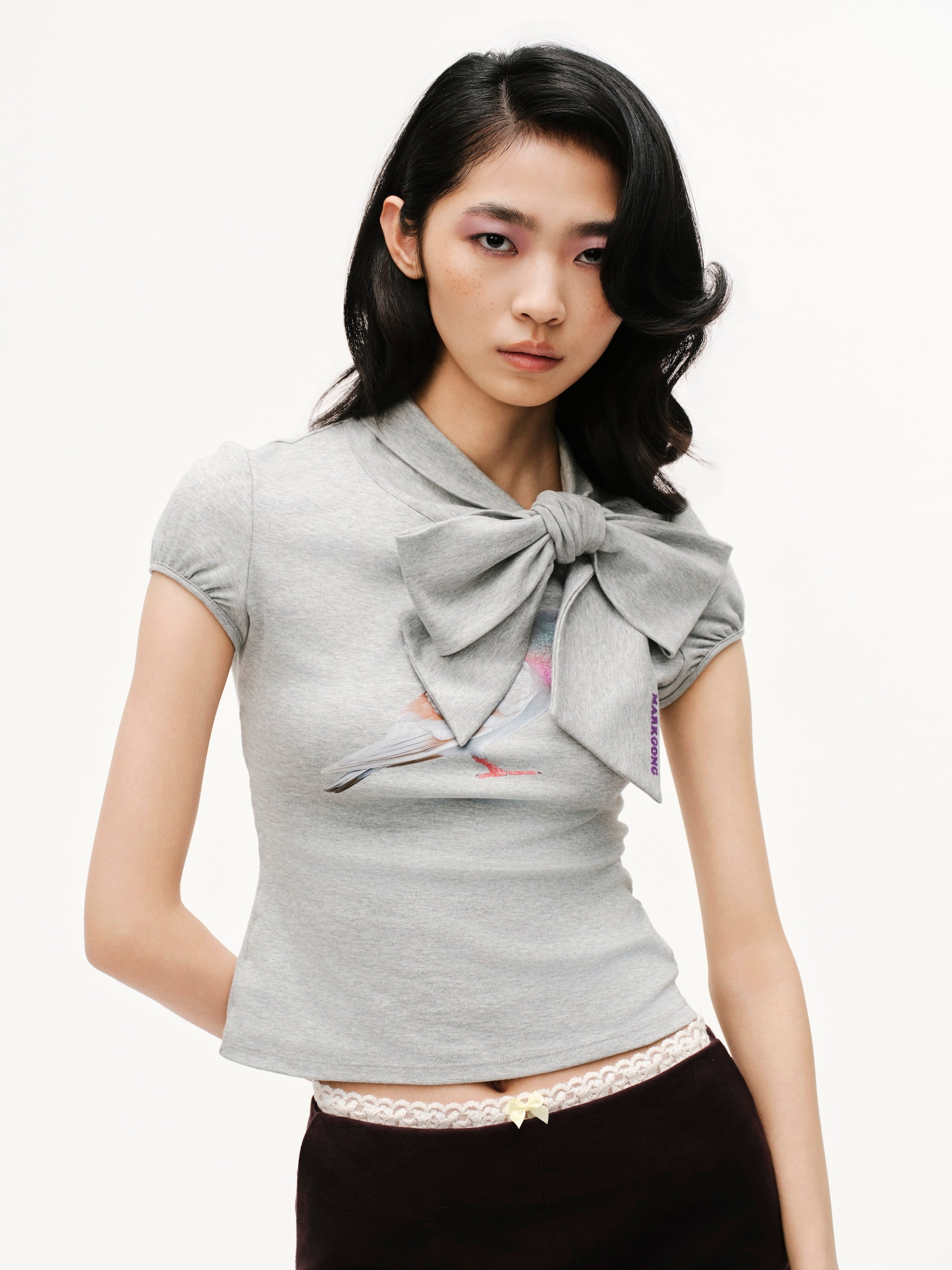 Grey Pigeon Print Tie-Front Short Sleeve T-Shirt