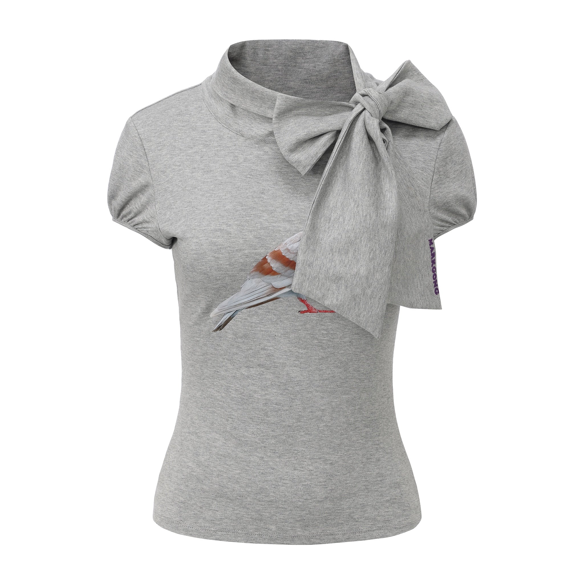 Grey Pigeon Print Tie-Front Short Sleeve T-Shirt