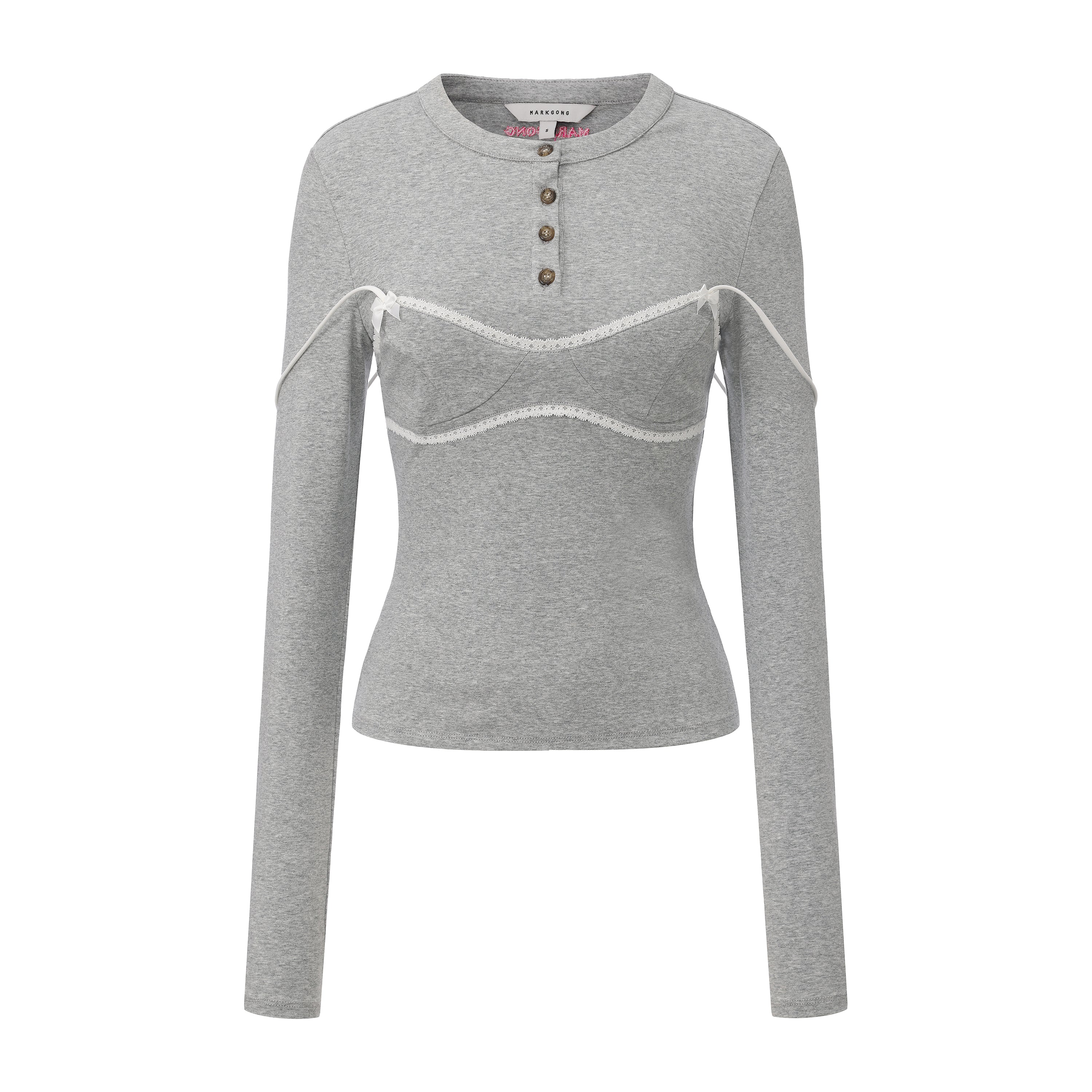 Grey Lace-Trim Bralette Detail Long Sleeve Henley Shirt