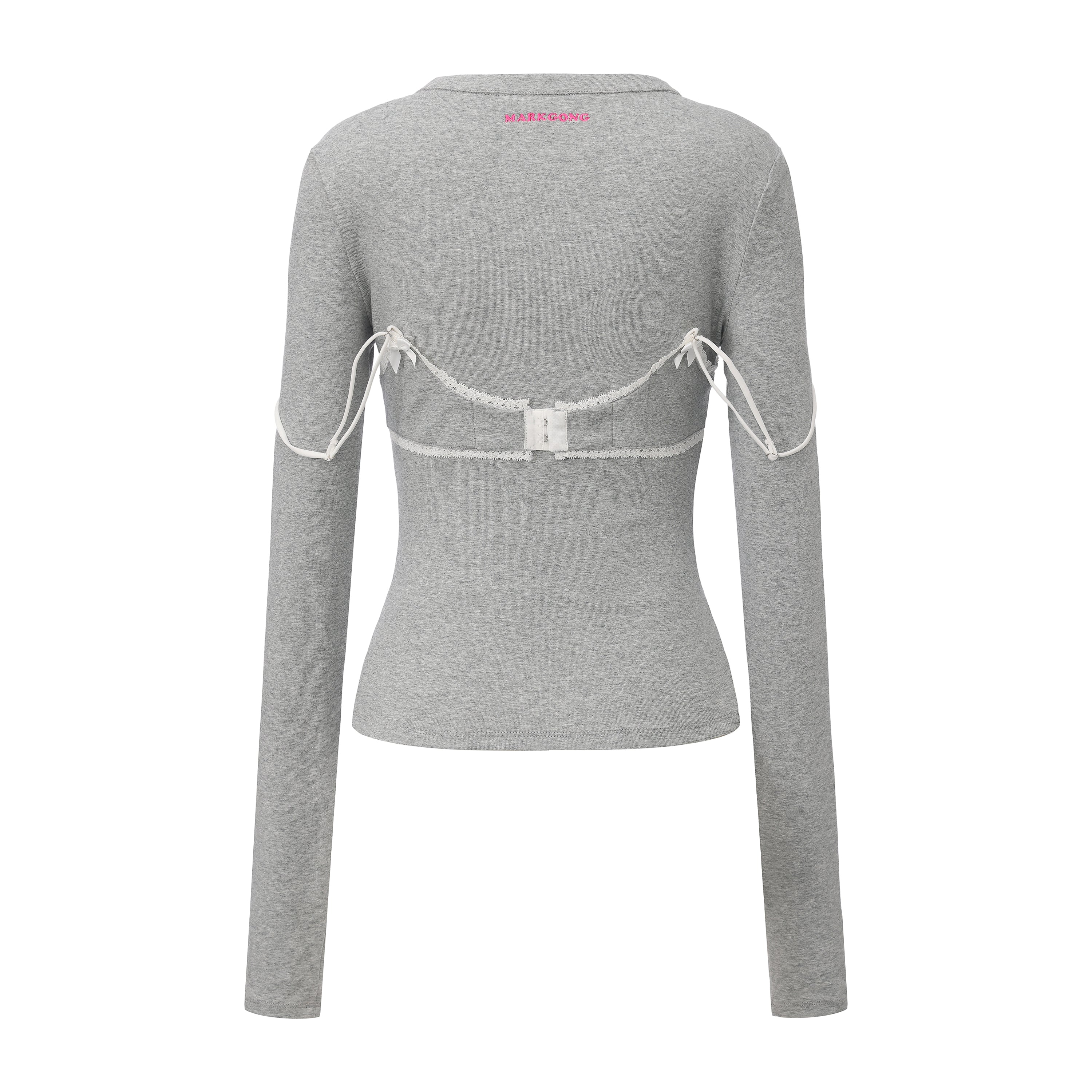 Grey Lace-Trim Bralette Detail Long Sleeve Henley Shirt