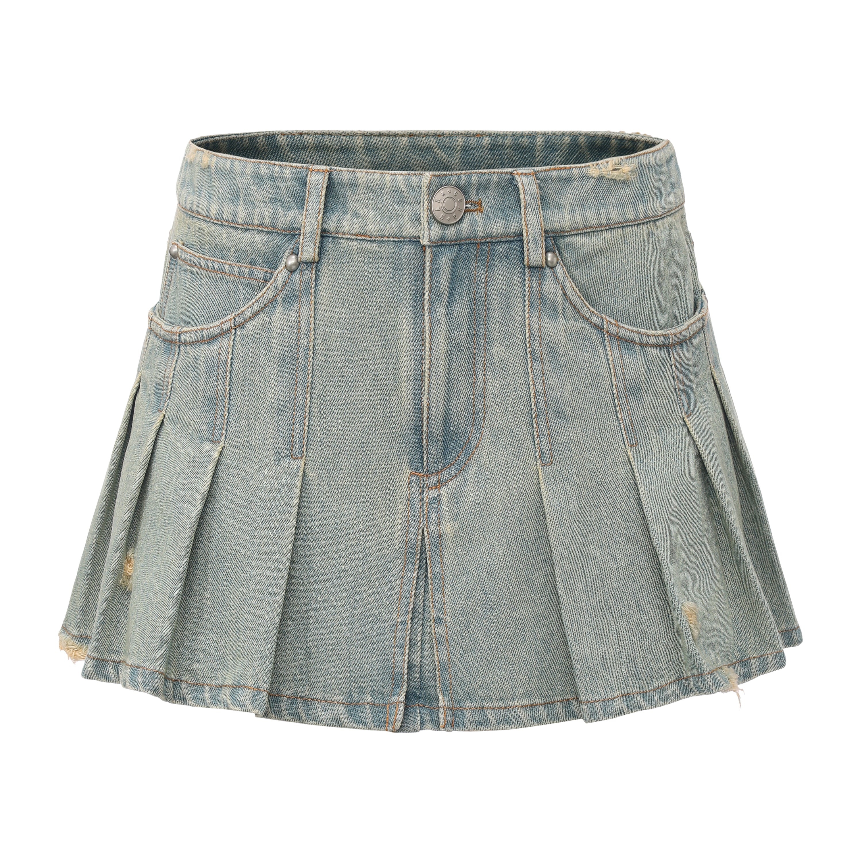 Light Blue Denim Pleated Mini Skirt
