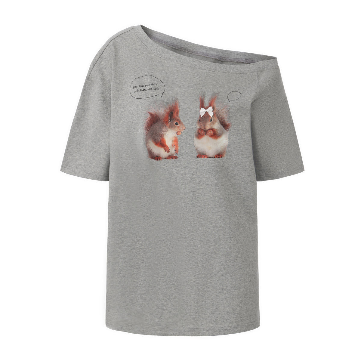 Gray Squirrel Printed One-Shoulder Short Sleeve T-Shirt