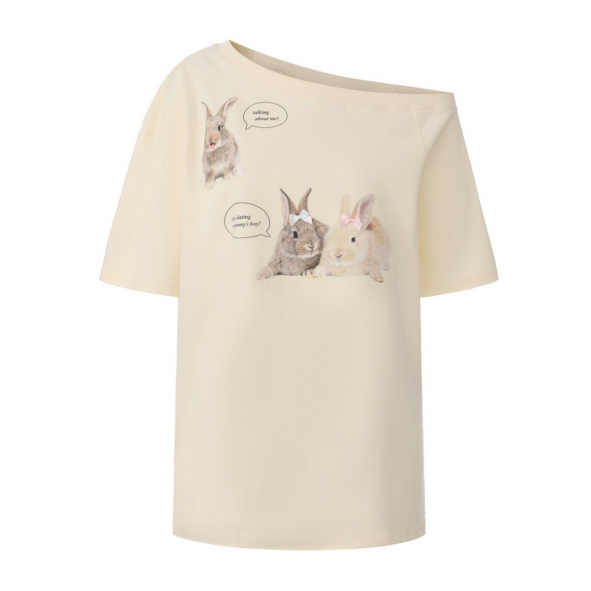 Beige Rabbit Printed One-Shoulder Short Sleeve T-Shirt