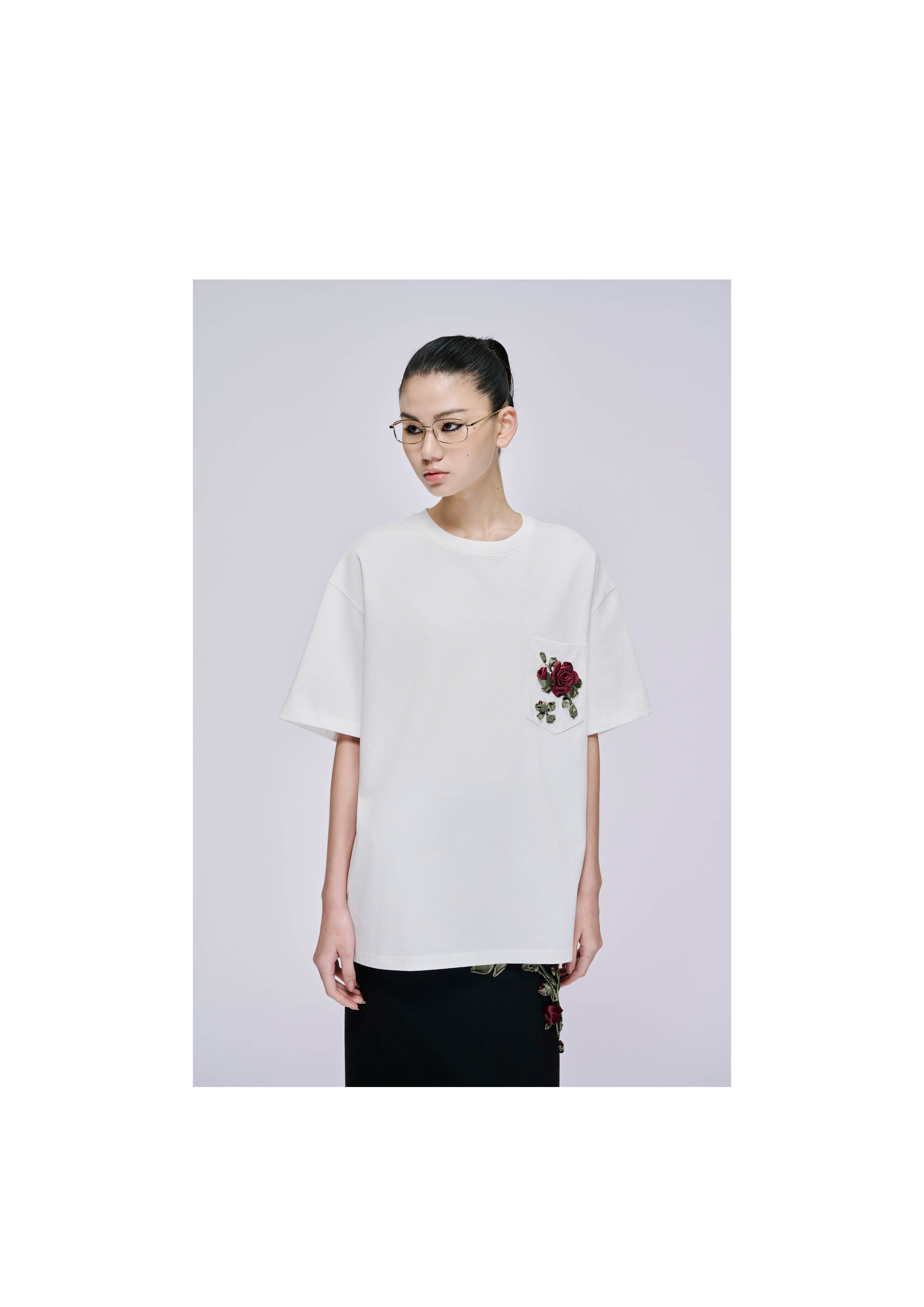 Ribbon Embroidered Fitted T-Shirt