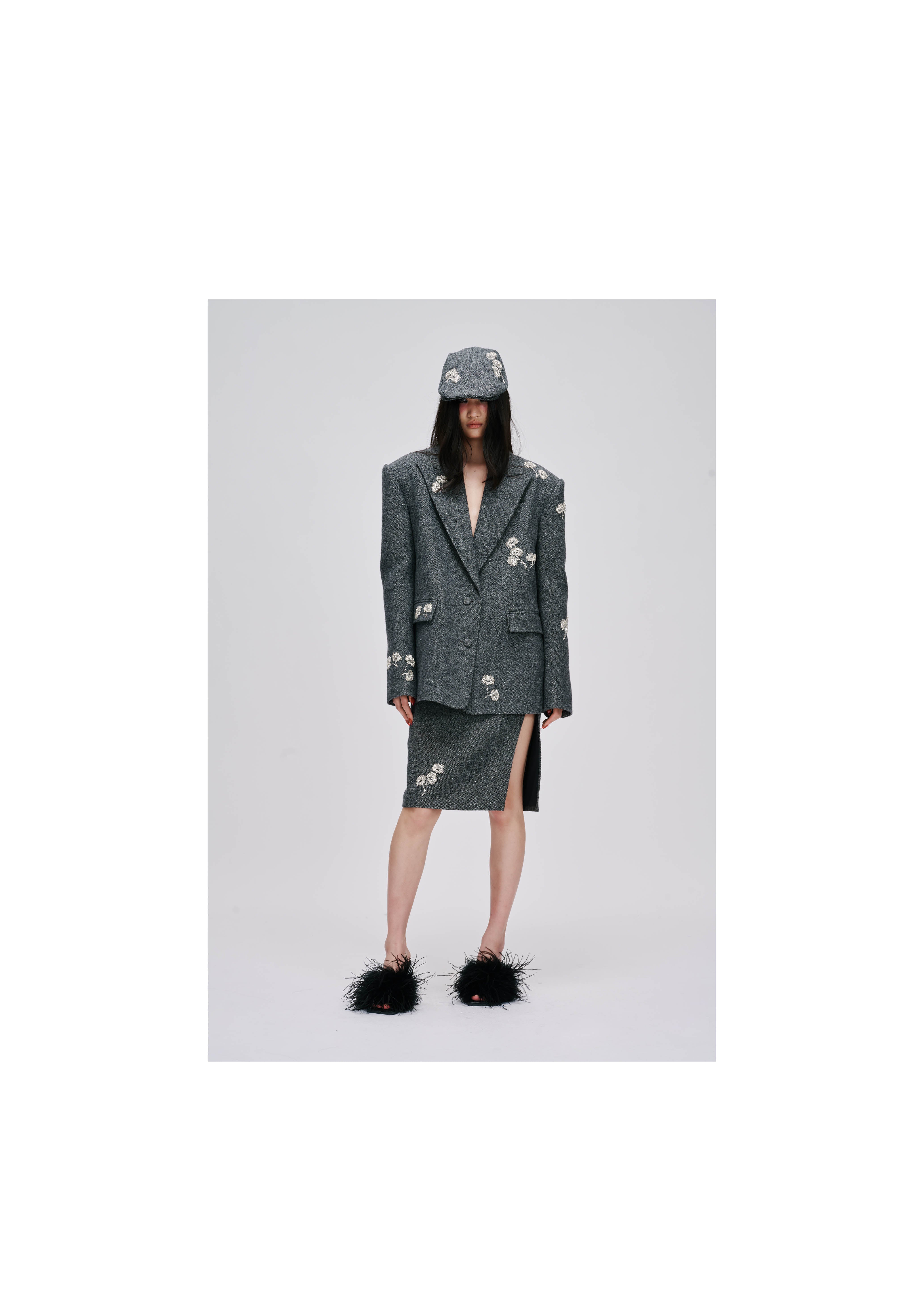 GREY TWEED BLAZER WITH BEADED
