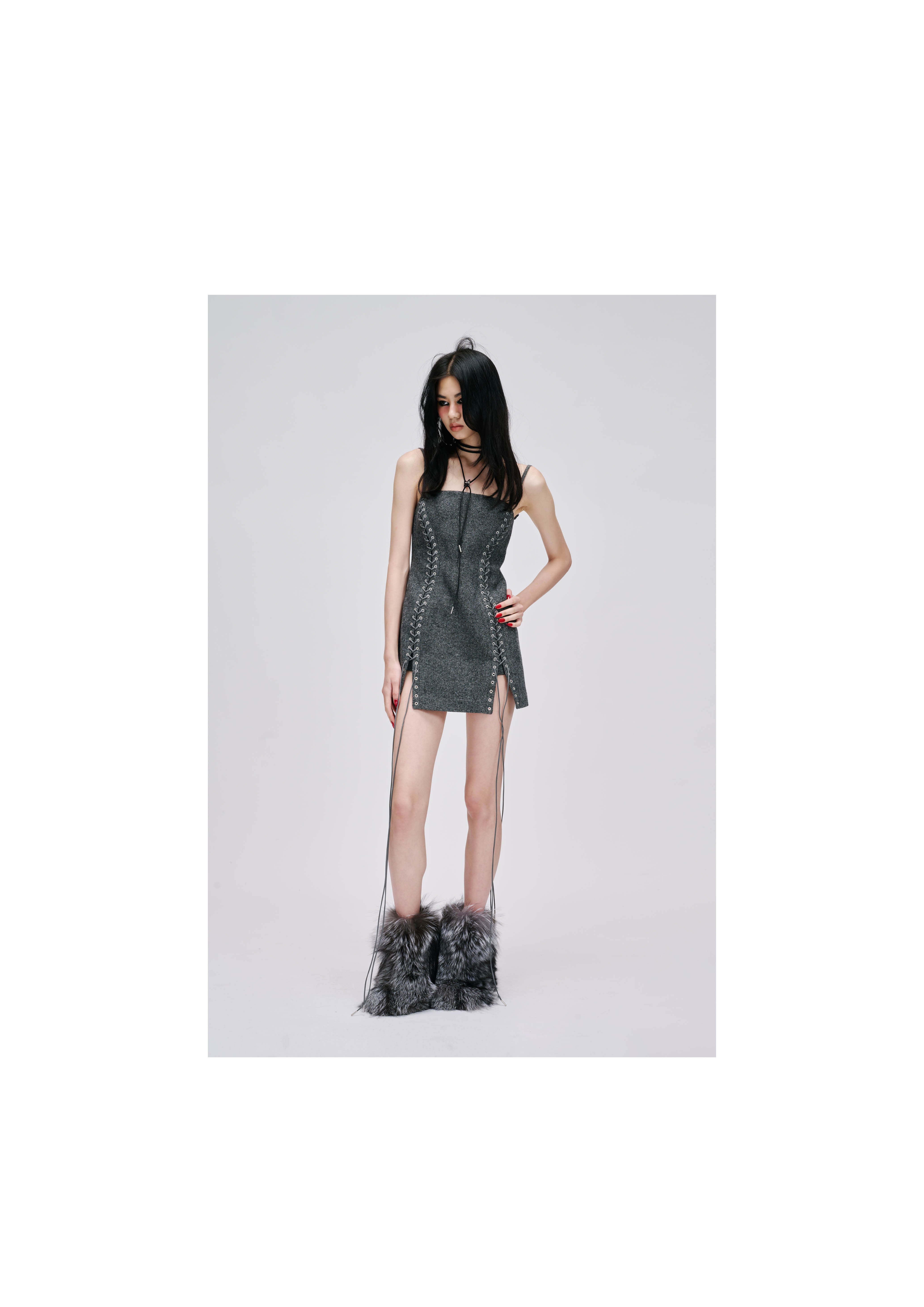 GRAY TWEED TIE-UP CAMISOLE DRESS