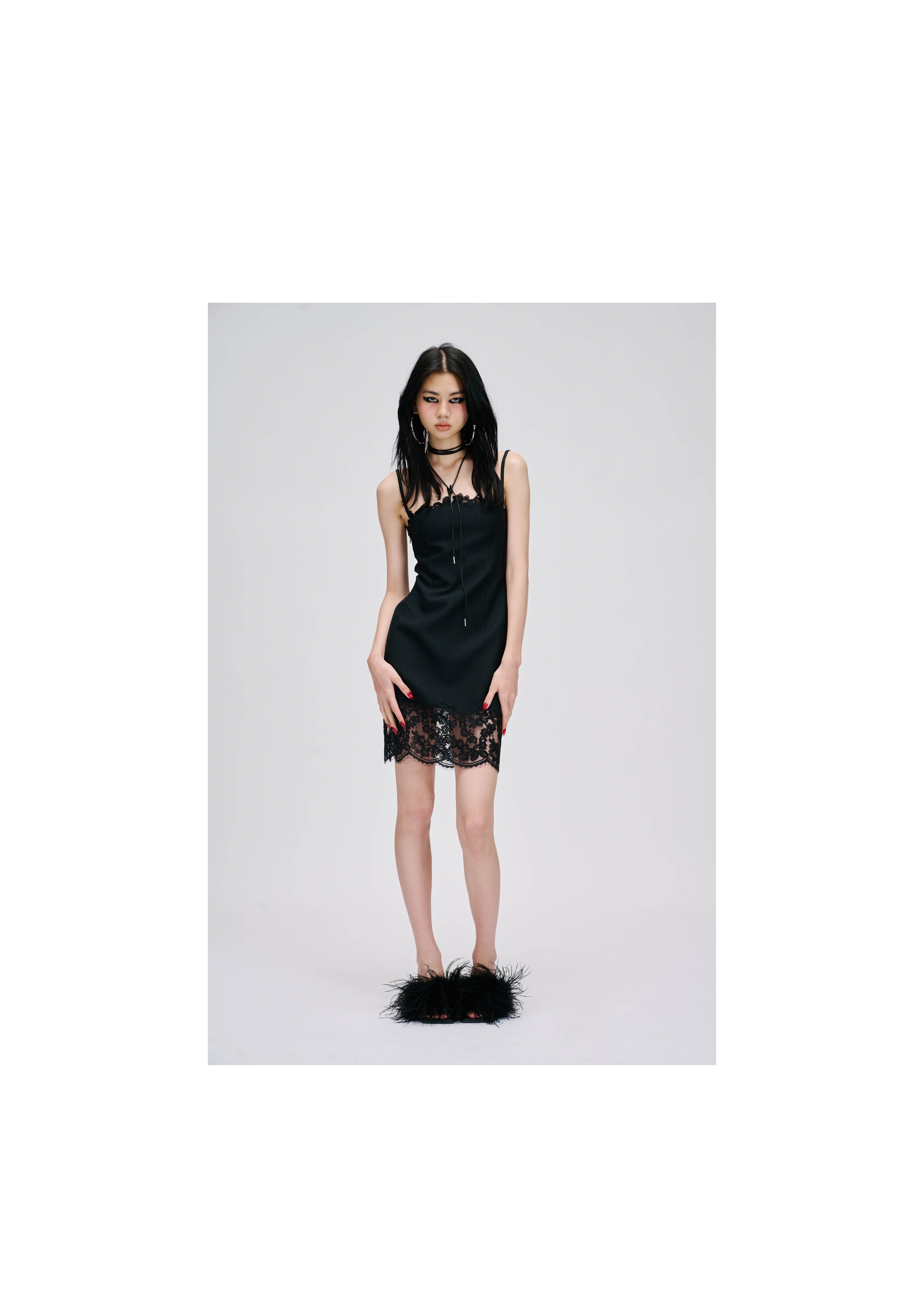 BLACK TWEED LACE PANEL CAMISOLE DRESS