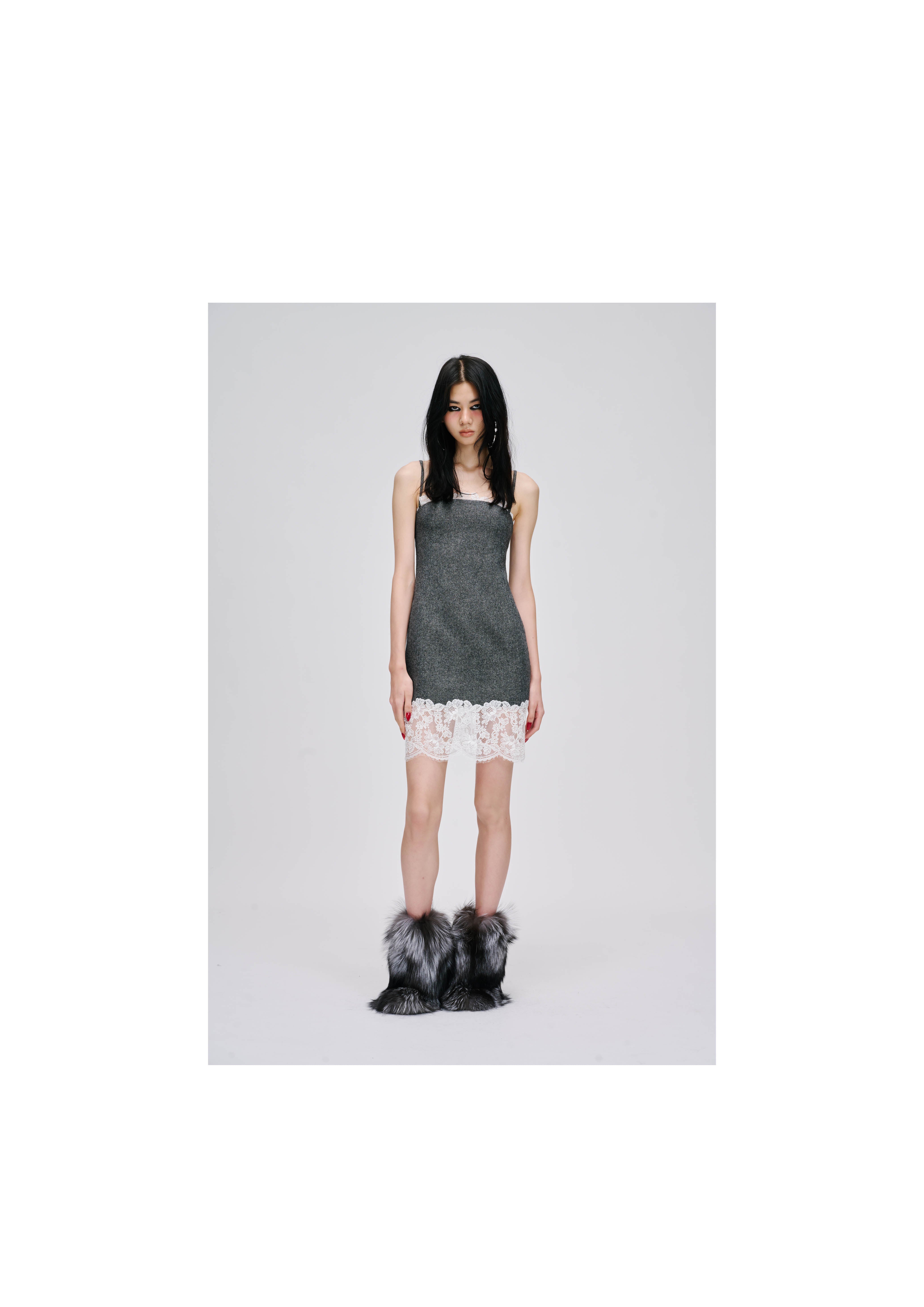 GRAY TWEED LACE PANEL CAMISOLE DRESS
