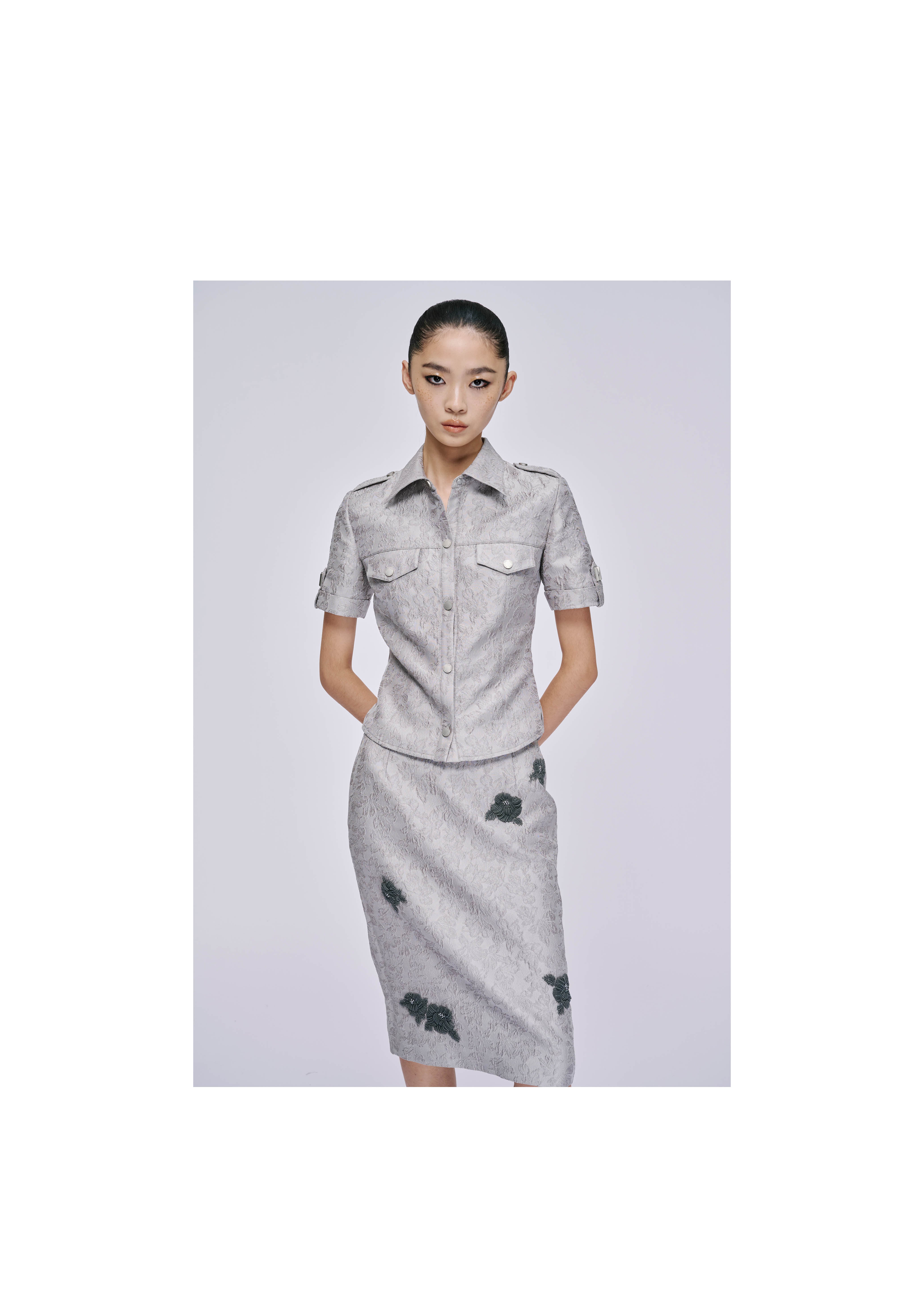 Beaded Jacquard Low Waisted Pencil Skirt | Markgong