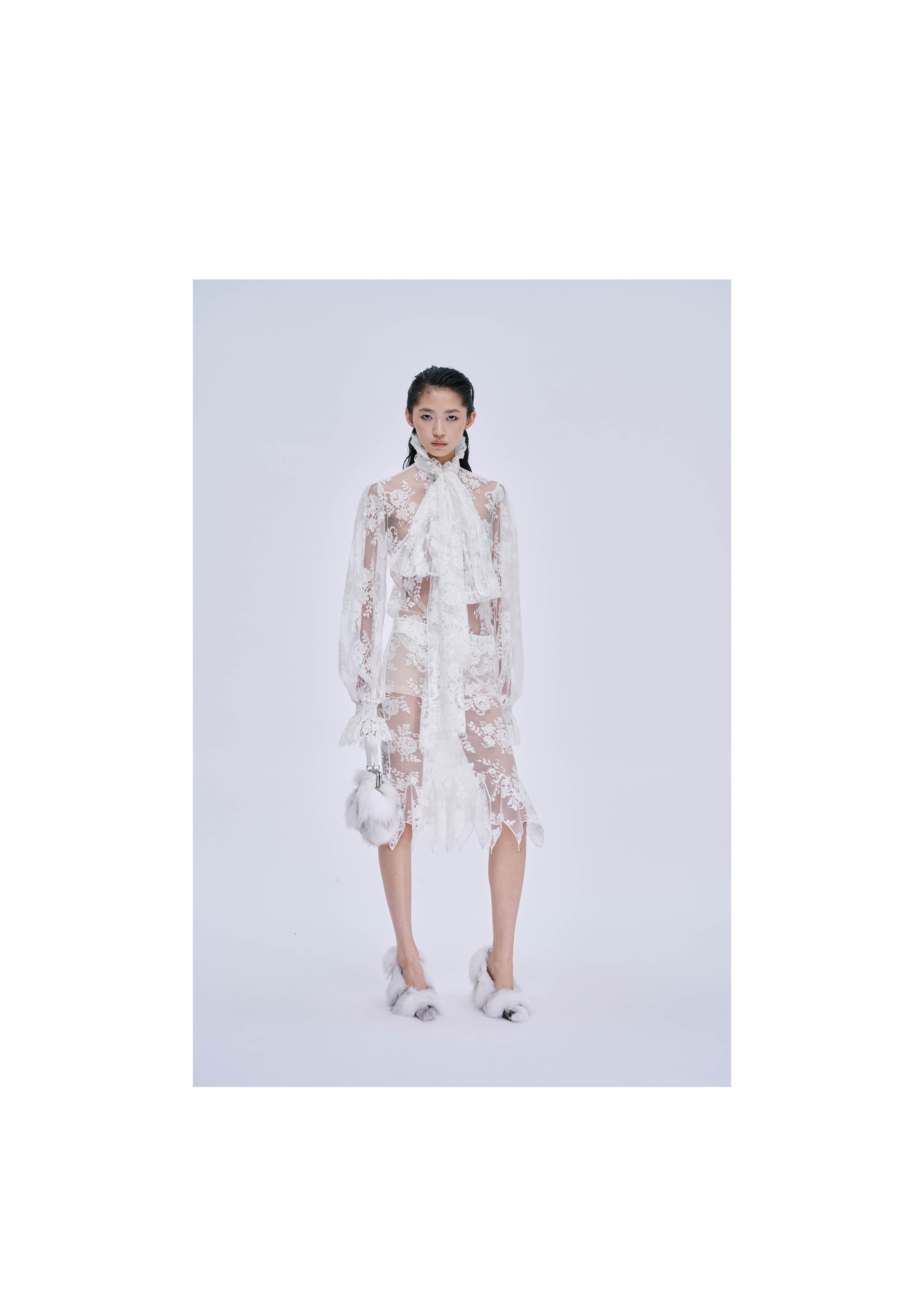 White Lace-trimmed Pleated Shirt