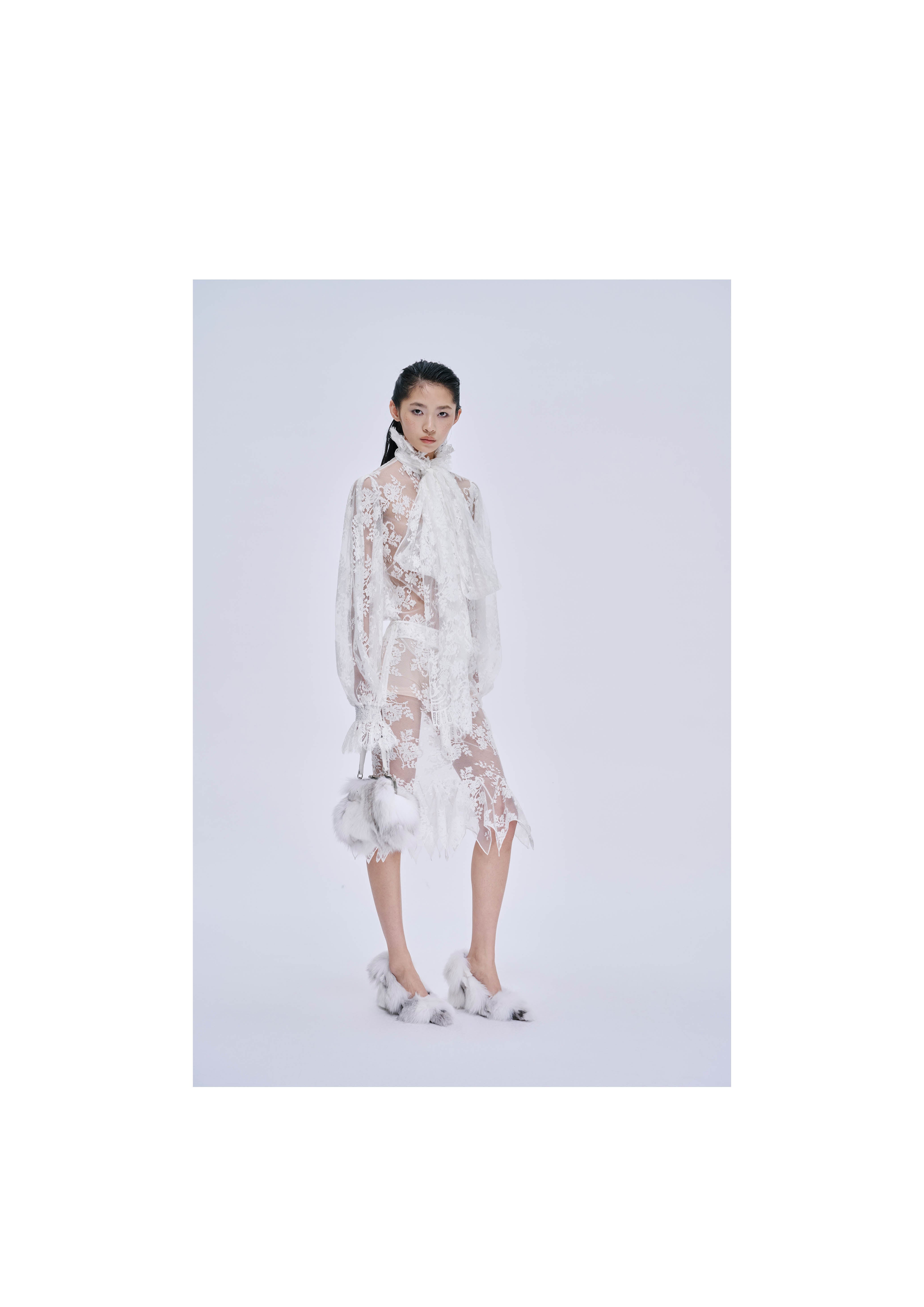 White Lace-trimmed Pleated Shirt