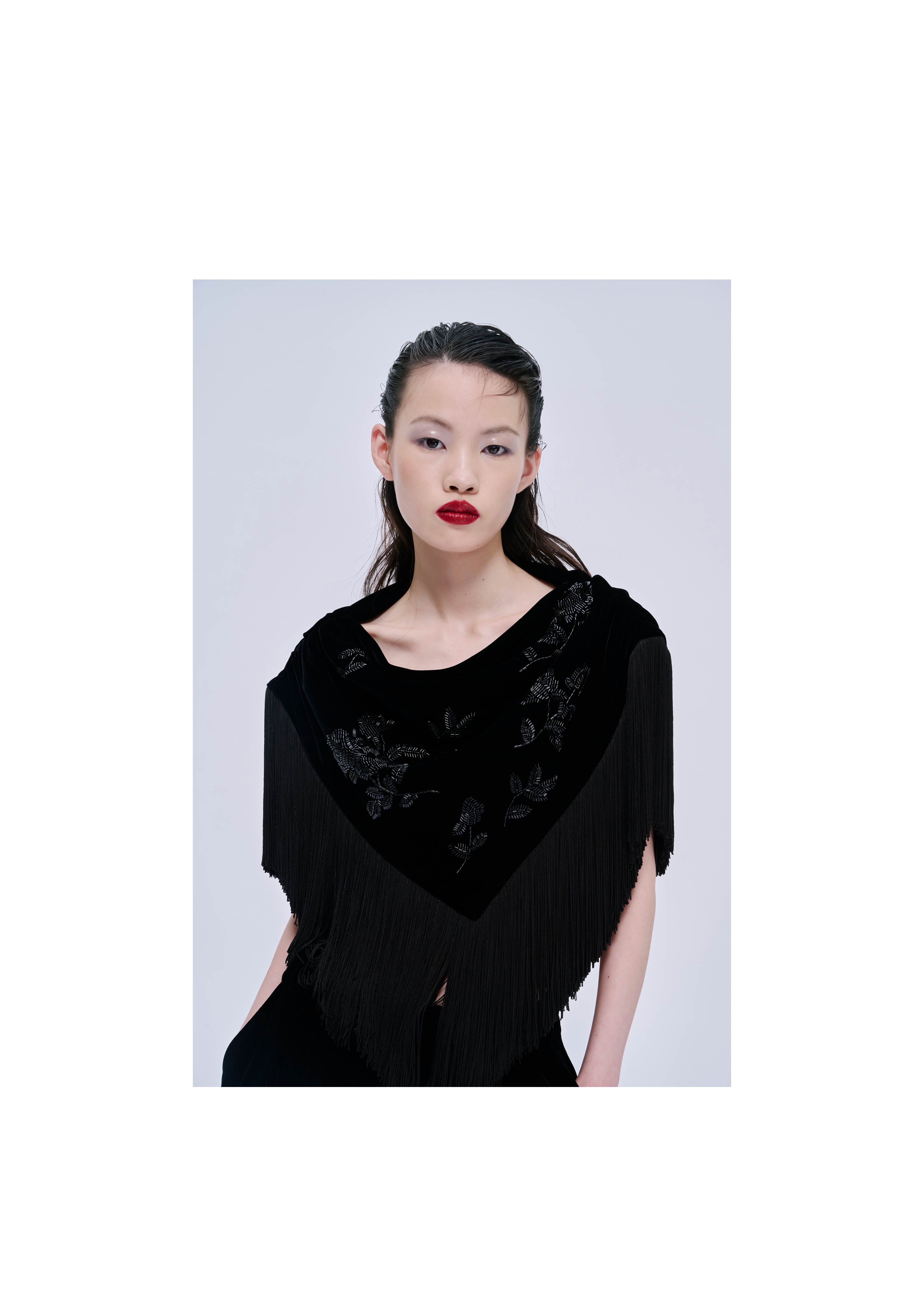 Black Velvet Beaded Fringe Shawl