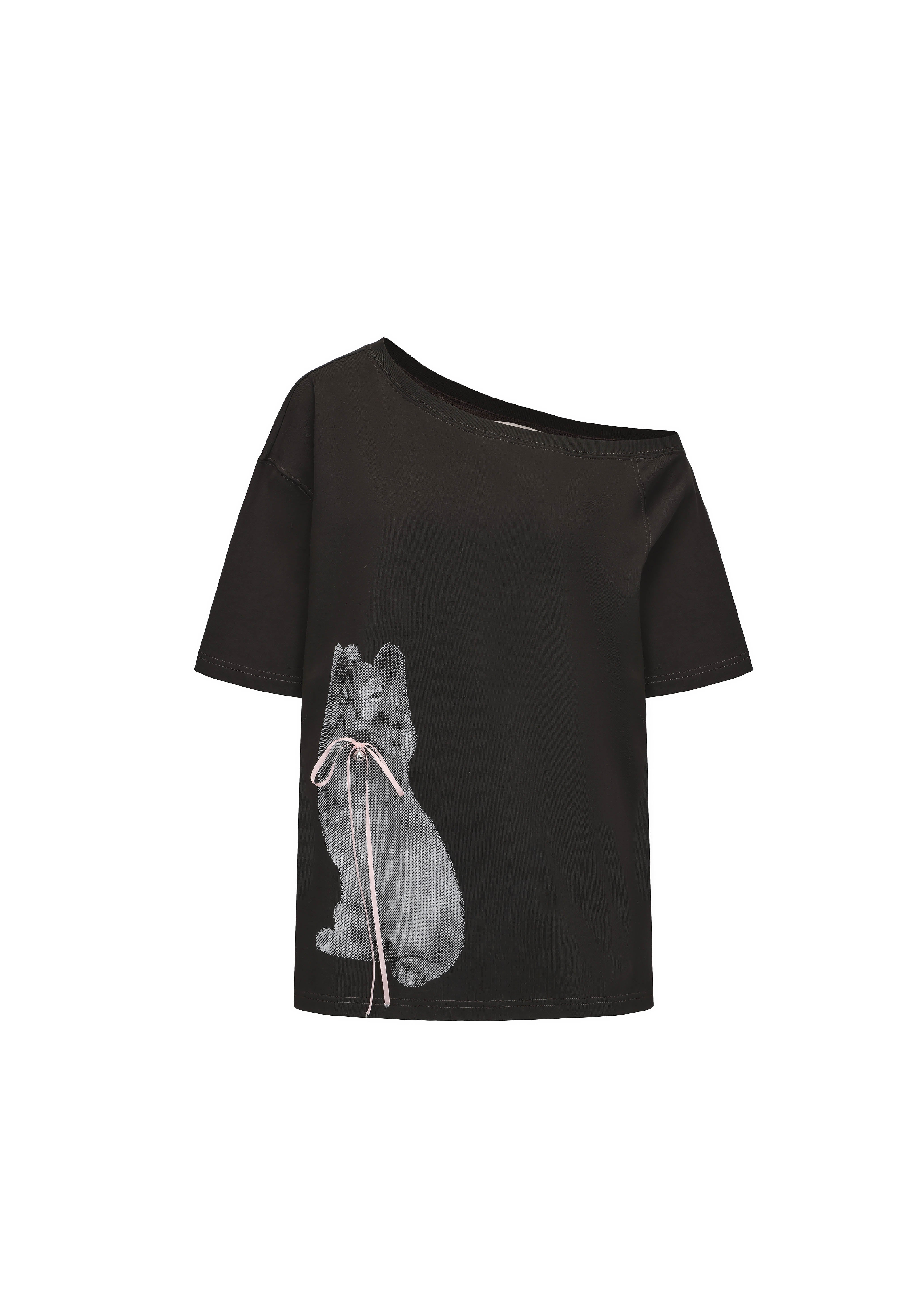 Off-the-shoulder Short-sleeved T-shirt with cat print | Markgong