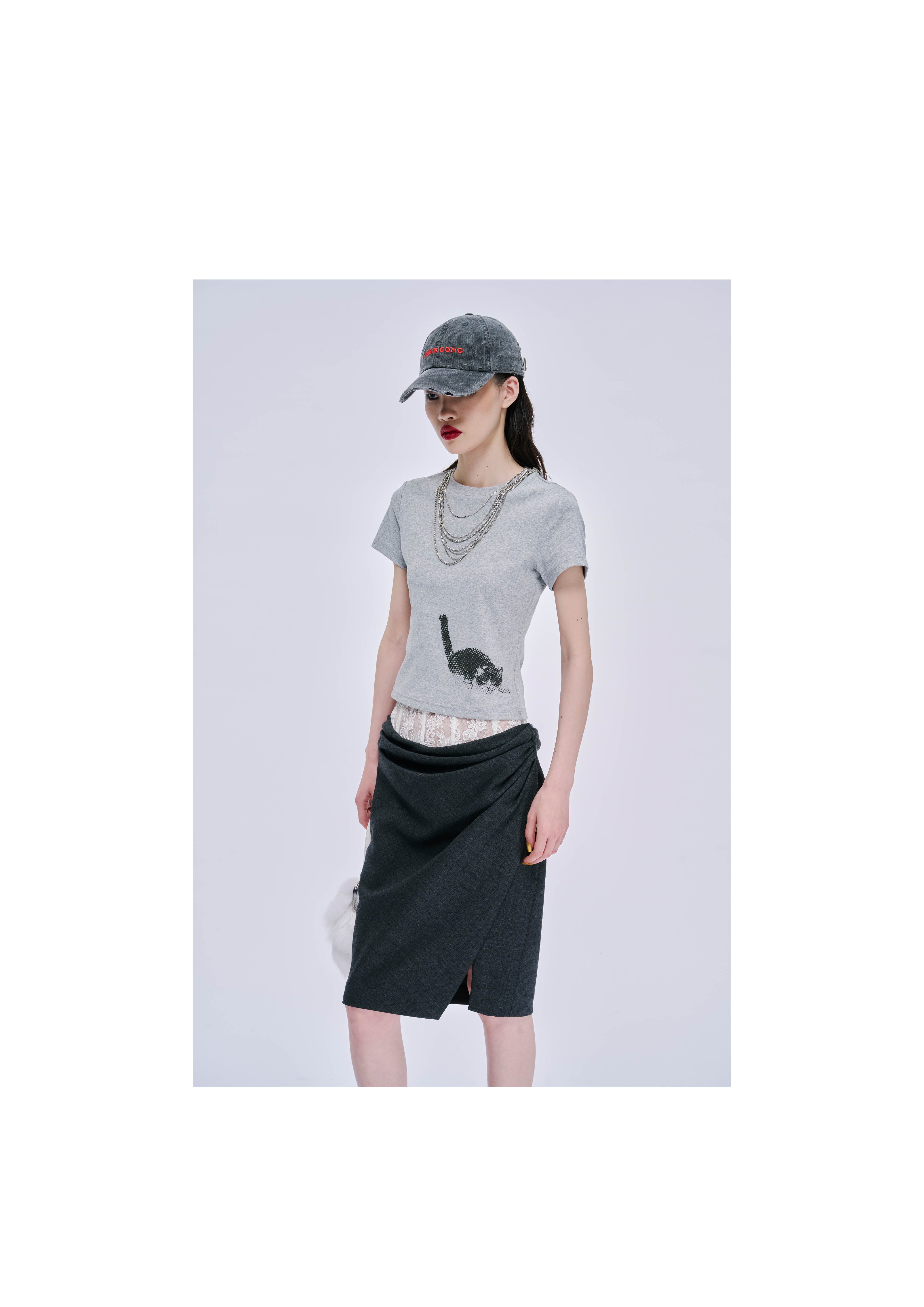 Fitted Cat Print Short-Sleeve T-Shirt