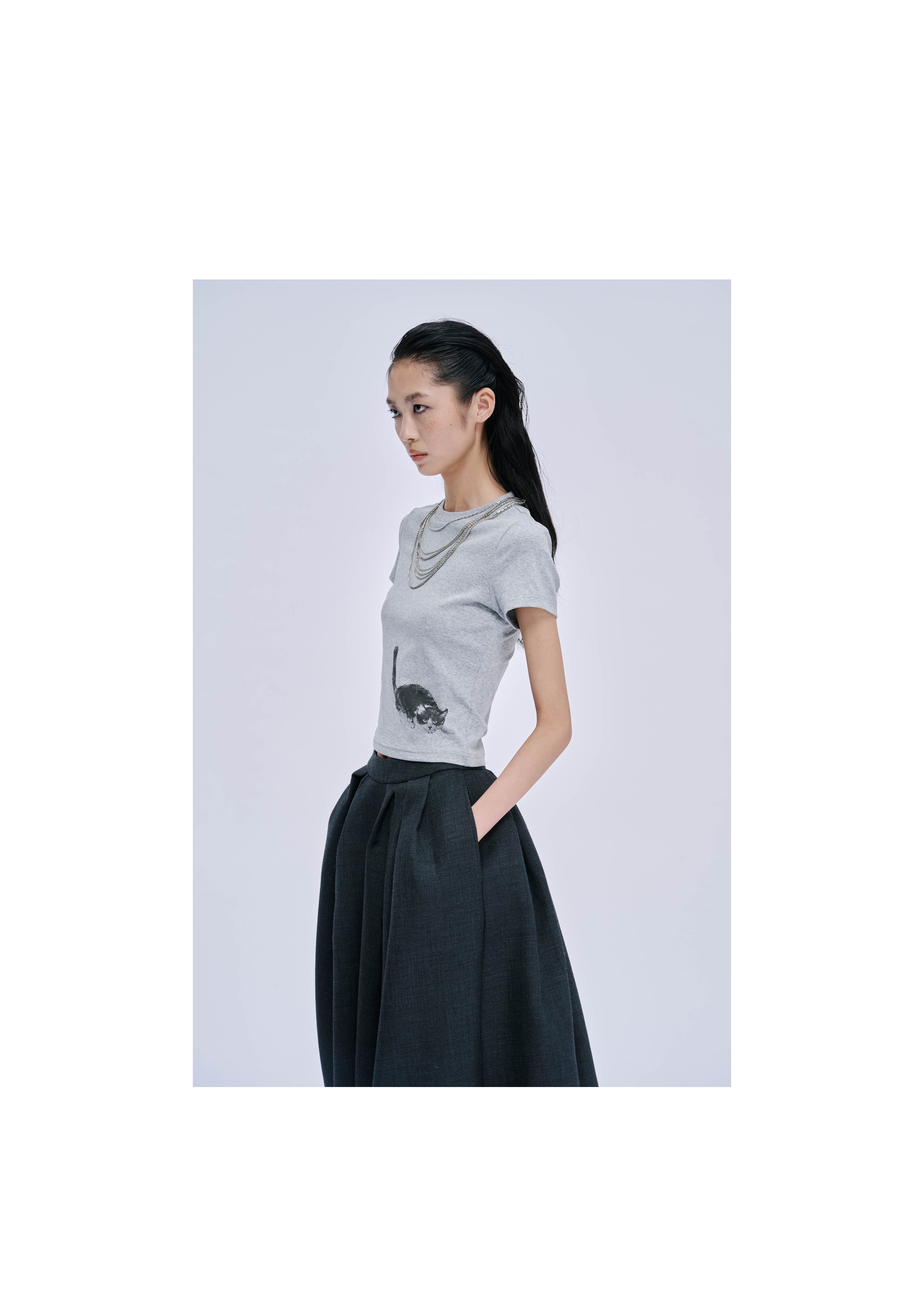 Fitted Cat Print Short-Sleeve T-Shirt