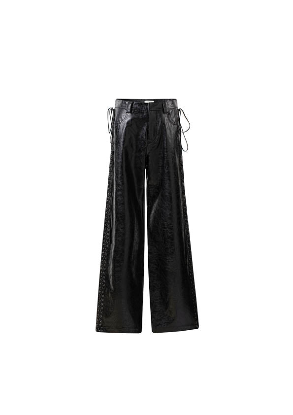 TIE-DOWN FAUX LEATHER STRAIGHT LEG PANT