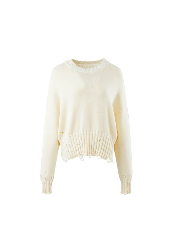 BEIGE COWL NECK RIPPED SWEATER | Markgong