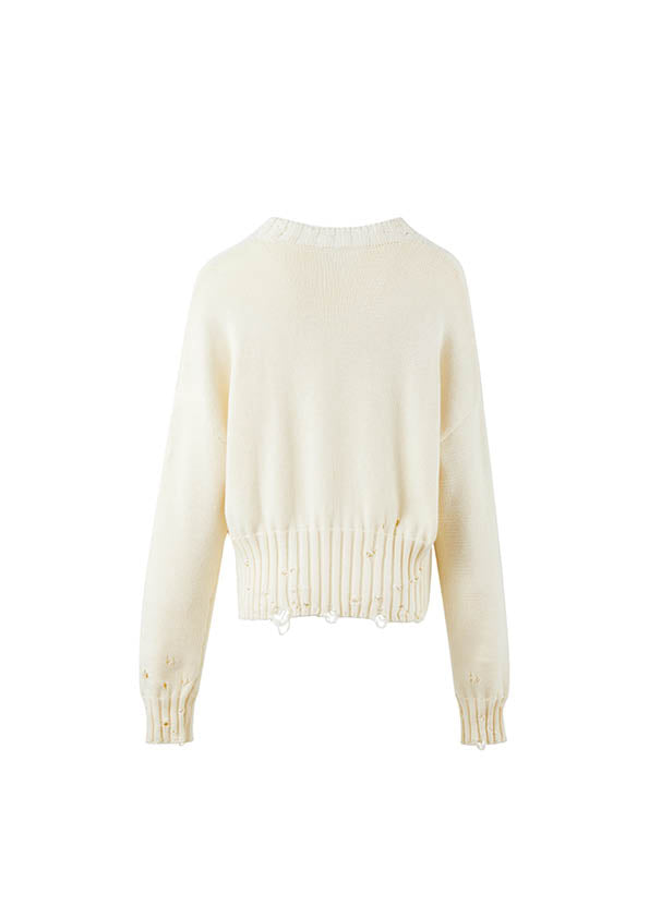 BEIGE COWL NECK RIPPED SWEATER | Markgong